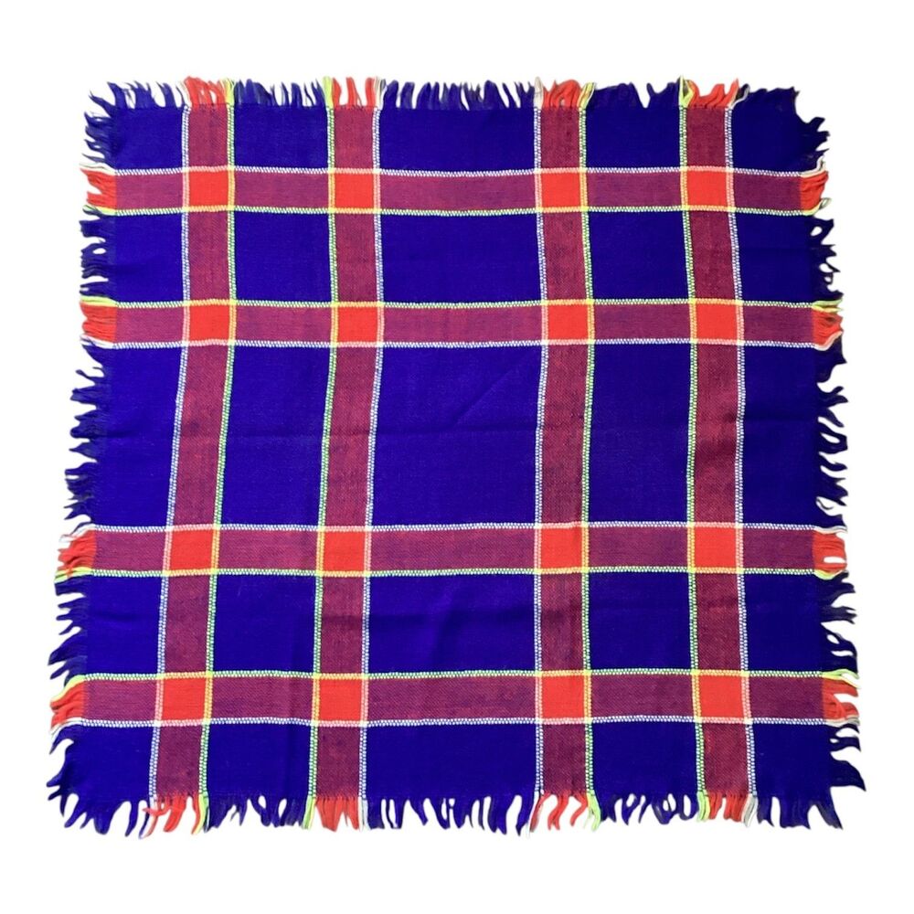 Cobalt Orange Plaid Square Shawl Wrap Scarf abt 28 x 29-inches Vintage 80s